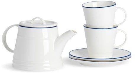 Nicola Spring 5 Piece White Tea for Two Set - Rustic Country Cottage Teapot Teacups Saucers - White
