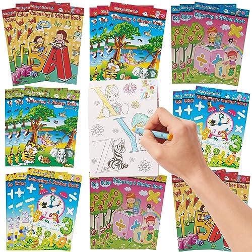 THE TWIDDLERS 24 Mini Malbücher & Aufkleber für Kinder, Jungen & Mädchen - Mitgebsel, Mitbringsel, Gastgeschenke für Kindergeburtstag & Hochzeiten, Partytüten, Multipack Give Aways