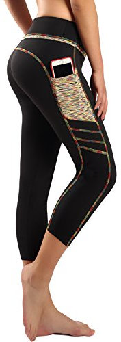 Flatik Damen Netzoberfläche Sport Gym Yoga Laufen Fitness Leggings Hose, Regenbogen / Schwarz(3/4 Capri), L