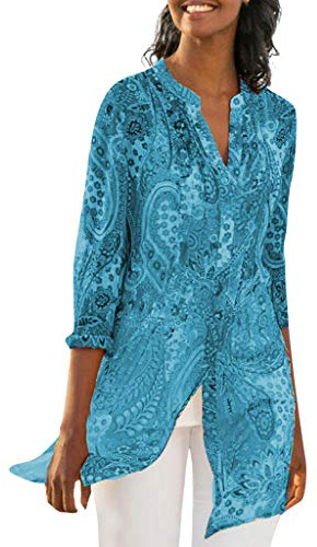 Lazzboy Women T-Shirt Tops Plus Size Chiffon Ethnic Floral Flower Print Beach Style Vintage Daily Ladies Loose Blouse(L(12),Blue)