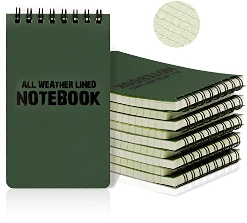 RETON 10 Stück Wasserdichte Notizblock, 3 x 5 Zoll Pocket Notizbuch, Allwetter-Notizblöcke mit Top-Spirale, Taktische Steno Blöcken mit Raster für Aktivitäten im Freien Aufnahmen (Armeegrün)