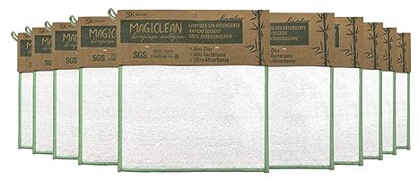 SLORTEK Pack 10 Bayetas de Cocina Magic Clean de Fibra de Bambú Natural - Paño de Cocina Reutilizable y Ecológico - Fácil aclarado y Secado Rápido - Resistentes a Las Manchas y Absorbentes - 20x20 cm