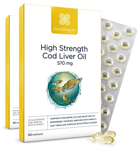Healthspan Cod Liver Oil 570mg | Support Your Brain, Heart, Eyes & Bones | 150mg Omega 3 Fatty acids per Capsule (360 Capsules)