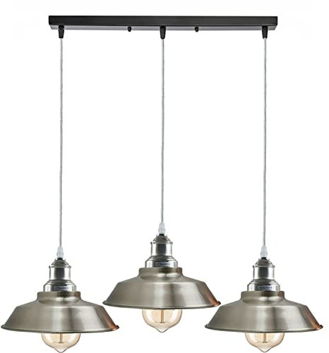 LEDSone Vintage Metal 3 Head Light Industrial Pendant Metal Shade, Hanging Ceiling Light E27 Holder Fitting with 50cm Ceiling Plate (Satin Nickel)