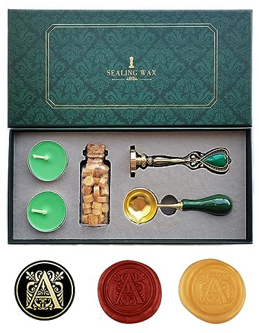 Ausgefallene Buchstaben A Wachssiegel-Stempelset, AMTOL Wachssiegel-Stempelset im europäischen Stil, Geschenkbox-Set, Vintage personalisierte Wachssiegel-Stempel für Briefkarten-Einladungen (A)