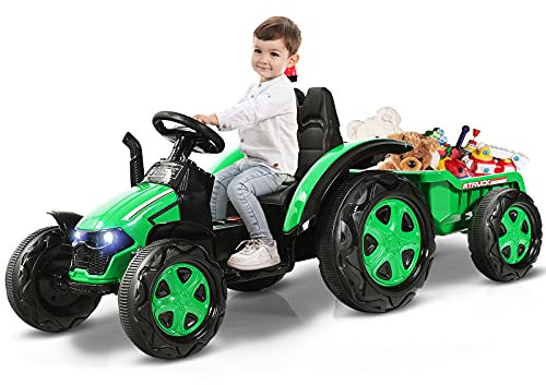 COSTWAY Trattore Elettrico per Bambini con Rimorchio, 2 in 1 Go Kart e Trattore per Bambini 3-8 Anni, con Telecomando e Cintura di Sicurezza a 2 Punti (Verde)