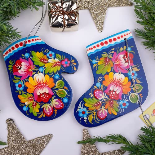 Exklusiver Weihnachtsschmuck aus Holz - Stiefel und Fäustling, Kunsthandwerk 2 St. 8.5 х 9.5 х 0.5 cm, Besonderer Christbaumschmuck Handbemalt nach Ukrainischer Tradition - Originelles