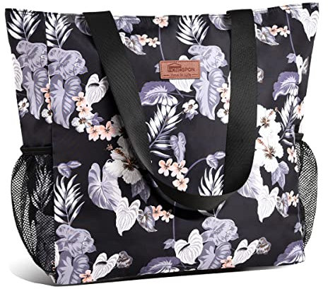 HOMESPON Large Waterproof Beach Tote Bag with Zip and Pockets for Women (Floral)
