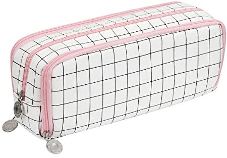 Chelory Big Capacity Pencil Case Large Pencil Pen Bag Pouch 3 Compartment High Storage Pencil Cases for Girls Boys School Office Organizer Makeup Bag Men Women Adults Gifts (Plaid White)