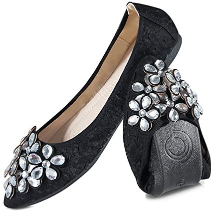 MACHSWON Womens Ballet Flat Black Pumps Ladies Bride Dolly Ballerina with Sparkly Rhinestone Work Office Formal Comfort Pointed Toe Slip On Wedding Flats Shoes(Black, Size 7)
