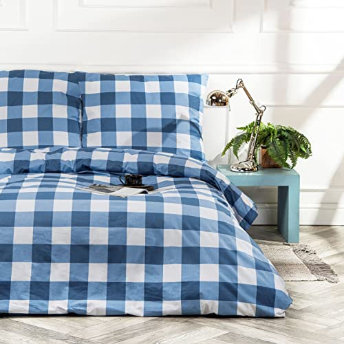 VelvetHome Deluxe Bettwäsche 155x220 Baumwolle Bettbezug 155x220 cm mit Kissenbezug 80x80 cm Hohe Qualität Bettwäsche-Set mit Reißverschluss 100% Baumwolle Made in EU Blau Kariertes 155 x 220