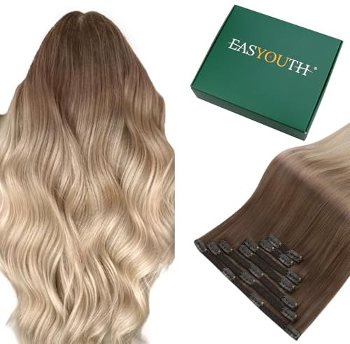Easyouth Lange Extensions Echthaar Clip Blond Braun Haar Extensions Echthaar Clips Invisible Clip in Extensions Echthaar Ash Brown Balayage Platin Blonde Ombre Ash Blonde 7Pcs 55 cm 120g #8/60/18