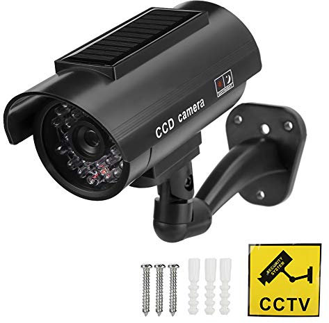 Fake Camera with Light, 360 Rotatable Dummy Surveillance CCTV Camera, Super Bright Solar Motion Sensor Light with Red Flashing Warning Light for Home Security, Outdoor Waterproof
