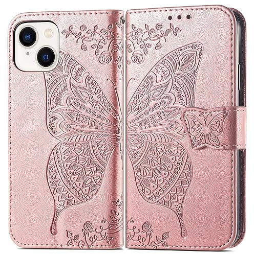 EASSGU Custodia per Smartphone, Compatible with iPhone 15 (6.1 Inches) Flip Folio Cover Magnetica per Telefono in Pelle con 3 Slot per Schede 1 Portafoglio, Case - Oro rosa