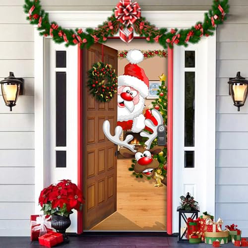 Hyakoz Weihnachten Tür Abdeckung Dekoration Weihnachtsmann Elch Hintergrund Tür Hängen Weihnachten Deko Weihnachtsdeko Tür Aussen Lustige Weihnachtsdeko Banner für Outdoor Haus Hof Deko 90x 200cm