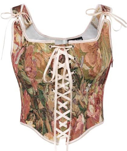 SCARLET DARKNESS Ladies Vintage Victorian Floral Corset Top for Women Retro Red Lacing Renaissance Overbust Vest Square Neck Tie Bustier 18