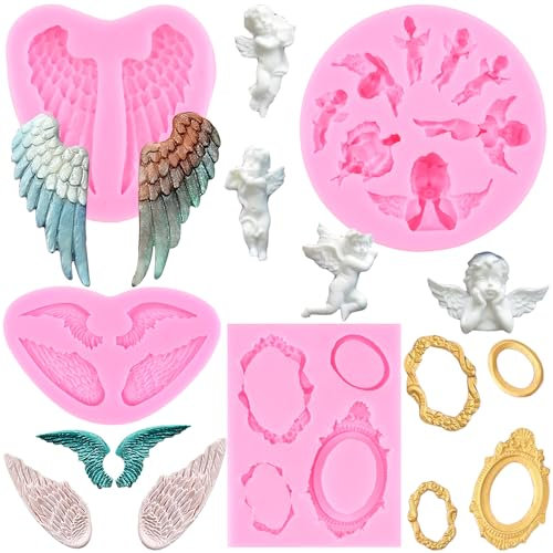 RFGHAC Lot de 4 moules en silicone en forme d'ailes d'ange pour décoration de gâteaux, pâte à sucre, pâte polymère