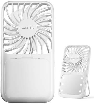 Gaiatop Portable Handheld Fan, Folding Stand for Desktop, 3 Speed LED Makeup Mirror with Light, Rechargeable Mini Personal Fans Small Travel Essentials Gifts for Women Girls White