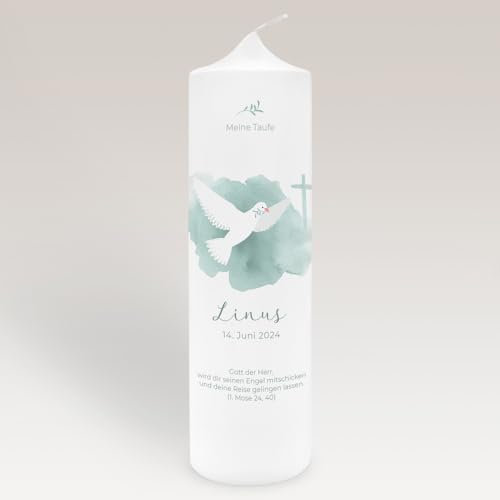 Taufkerze Taube aquarell mint (25 x 6,5 cm)