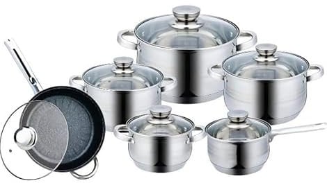 Home24 Batería de Cocina 12 Piezas, Juego de ollas en Acero Inoxidable con Tapas Apta para Todo Tipo de Cocinas Incluyendo Inducción