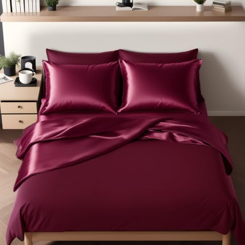 Cozyor Wende-Bettwäsche 135x200 cm glänzend matt, Satin & Mikrofaser, extra dick und weich mit robustem Reißverschluss, Deckenbezug + Kissenbezug 80x80 cm, 2 teilig, Bordeaux Berry