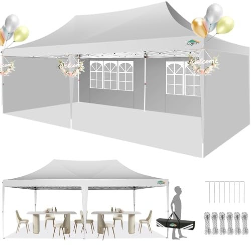 COBIZI Pop Up Gazebo, 3x6m Gazebo with 4 Removable Sidewalls, 3 Adjustable Height Waterproof, UV-Resistant with Carry Bag, 4 Stakes, 4 Ropes for Weddings, Parties, Picnics and Commercial (White)