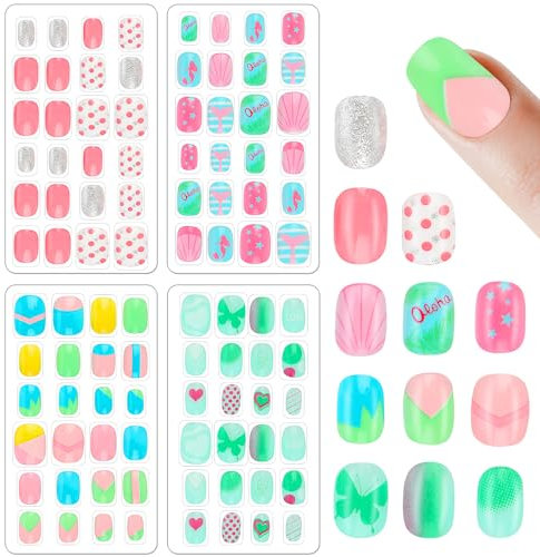 96 Pcs Fake Nail Press on Nails for Girls, Lovely False Nail Tips Pre-glue Full Cover Short Acrylic Gradient Color Nails for Girls Kids Nail Art Decoration(Pink&Green Theme)