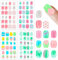 96 Pcs Fake Nail Press on Nails for Girls, Lovely False Nail Tips Pre-glue Full Cover Short Acrylic Gradient Color Nails for Girls Kids Nail Art Decoration(Pink&Green Theme)