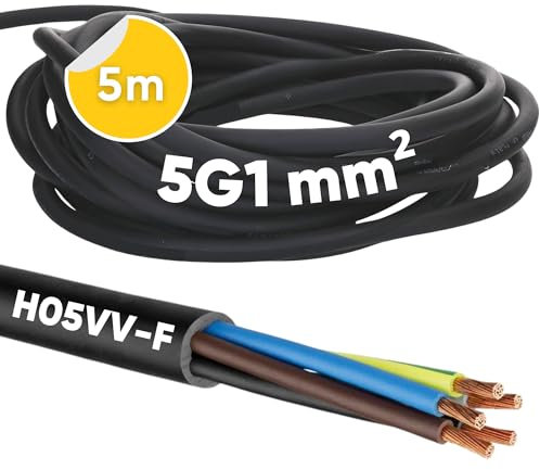 Kalitec H05VV-F - Tubo flessibile 5 x 1 mm², cavo di alimentazione 5G1 mm2 con conduttore di protezione, cavo in PVC per interni, cavo elettrico nero, cavo per lampada, flessibile, 5 fili
