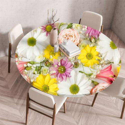 Morbuy Elastische Tischdecke Rund Wasserdicht, 3D Blumen Drucken Tischdecke mit Gummizug Rund Tischdecken Tischtuch Abwischbar Gartentischdecken (Blumen,Durchmesser 120cm)