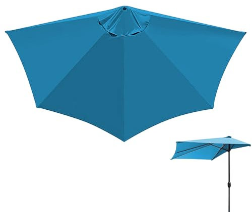 Btstil 9Ft Half Umbrella Replacement Parasol Canopy, 5 Ribs Umbrella Replacement Parasol Canopy, Half Round Replacement Top Cloth Sunshade Cover for Apartment Porch Townhouse (Lake blue)