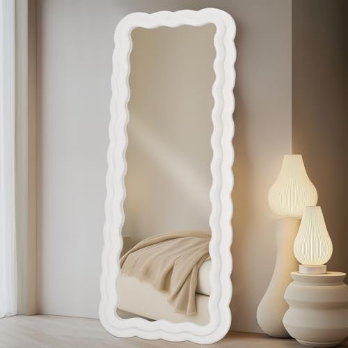 LunaMirror Wavy Full Length Mirror 160x60 CM Full Body Wall Mounted Floor Mirror with Stand Ivory Flannel Frame Leaning Hanging Wall for Bedroom Entrance