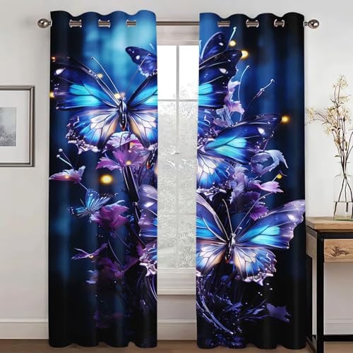 KARPIX Verdunklungsvorhänge 3D Schmetterling Vorhang Blickdicht, Anime Schmetterlings mädchen Polyester Vorhänge Bunt Schmetterling Fenstervorhang Für Kinderzimmer (5,220x215cm(2x110x215cm))