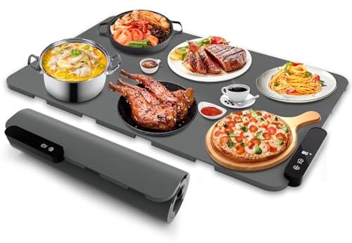 Gamexop Bandeja de Calentamiento Eléctrico, Bandeja Calienta Platos con 5 Temperaturas Planas para Alimentos 40 °C a 100 °C, Regulables, para Fiestas, Buffets Fiestas, Viajes (Gris)