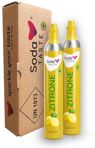 SodaTASTE CO2-Zylinder kaufen 2er-Pack (Reservezylinder) für Wassersprudler, mit natürlichem Zitronenaroma, ohne Sirup, für bis zu 120l gesprudeltes Wasser mit Geschmack, zuckerfrei