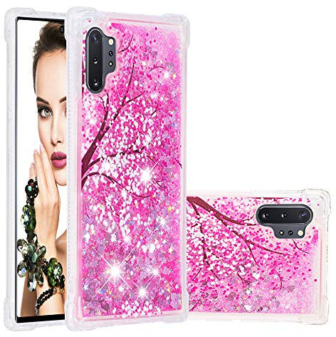 SIYOPINPFY Hülle für Samsung Galaxy Note 10+ Plus, für Frauen Quicksand Glitzer Flüssigkeit HandyHülle Transparent Silikon Stoßfest Treibsand Schutzhülle für Samsung Note 10+ Plus Rose Blume YB