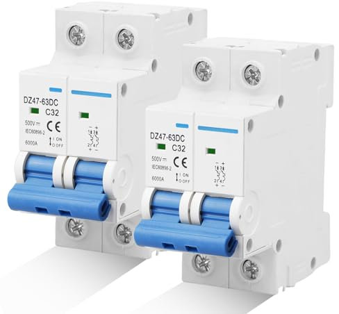 2 interruttori di separazione DC, impianto PV, 1000 V, 32 A, 2 poli, interruttore di sicurezza per sistemi fotovoltaici, interruttore dell'aria di protezione da 35 mm, montaggio su guida DIN