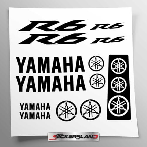 Aufkleber-Set kompatibel mit Tank und Motorradhelm, Basis aus transparentem Vinyl, einfache Anbringung, UV-Druck, Schriftzug Logos, Stickersland® – R6 von 2006 bis 2015 (schwarz)