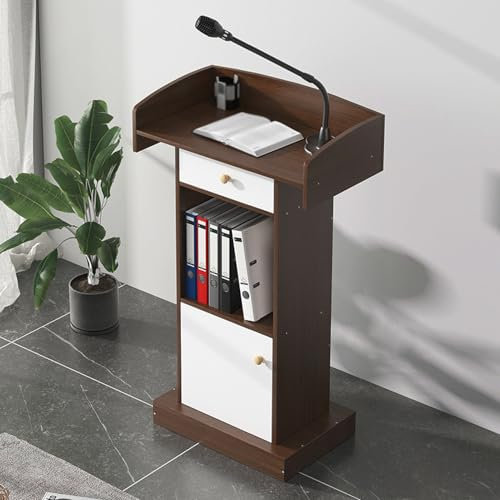 Rednerpult Podium, Holzpodest mit Schublade, Kanzel Rednerpult mit doppellagigem Lagerregal, Rednerpult für Kirche, Präsentation, Schule, Seminar,Braun