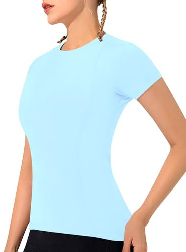 IECCP Damen Sport T-Shirt Kurzarm Laufshirt Rückenfrei Fitness Oberteile Gym Top Sport Tank Top Yoga Oberteile Sommer Fitness Tops Gym Leichte Sporttop hellblau S