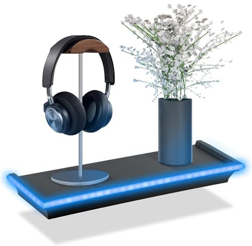 GEEZY Black Floating Shelf Blue LED Neon Lights - Battery Operated, Lightweight, Wall Mounted with Screws - Suitable for Gaming Room Lounge - Floating Shelves for Bedroom, with Lights 45.5x15.5x4.5cm