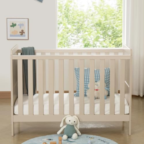 Babymore Caro Urban Mini Baby Cot Bed Cashmere - Convertible cot To Toddler Bed, Wooden Baby Cot With 3 Adjustable Mattress Positions, Suitable From Birth To 4 Years, Teething Rails (Without Mattress)