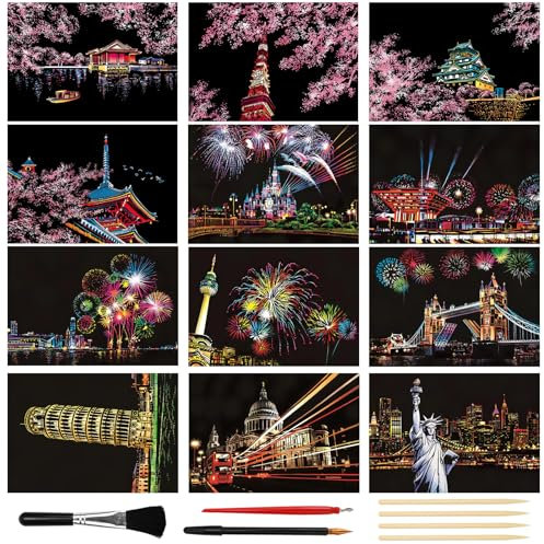 KOUHA Kratzbilder Feuerwerk und Kirschblüten Scratch Paper Magic Scratch Art Papier und Stift Set Nachtansicht Rubbelbrett Kratzpapier Kratzbilder Erwachsene & Kinder Diy Scratch Painting Set