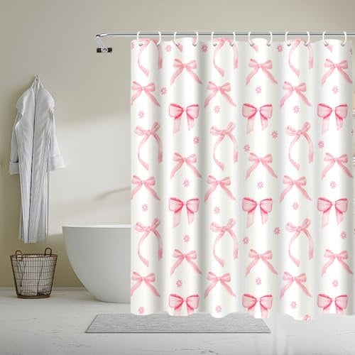 Pink Shower Curtain, Cute Shower Curtain with Flirty Pink Bow Design, Mould Proof Resistant Waterproof Bathroom Curtains with 12 Hooks 180x180cm