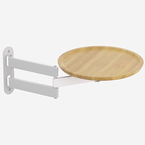 FAXJRU 30cm Wandtisch Runder Klappbar, Einziehbarer Klappbarer Couchtisch, An Der Wand Montierter Kleiner Tisch, Mobiler Kleiner Wandtisch Aus Holz, Ständer aus Metall, Sofa-Beistelltisch(White+logs)