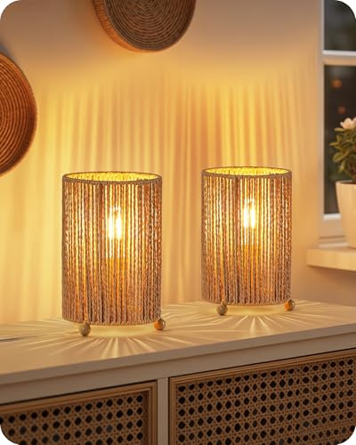 GOEBLESON Rattan Bedside Lamp, Rattan Table Lamp for Bedroom, Wicker Lamp | Rattan Bedside Lamps set of 2, Vintage Lamp with Paper Rattan Lampshade, Included LED Bulb for Living Room, Striped Lampshade