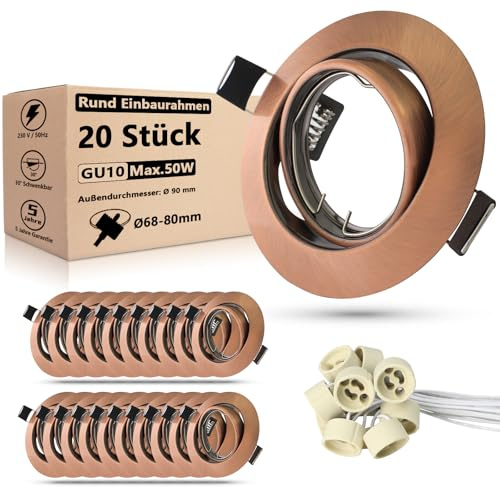 Allesgute 20er Einbaustrahler GU10 Set Einbauleuchten Altkupfer Gebürstet Einbaurahmen Ø68-85mm 360°Schwenkbar Einbauspots Rahmen inkl. GU10 Fassung für LED oder Halogen