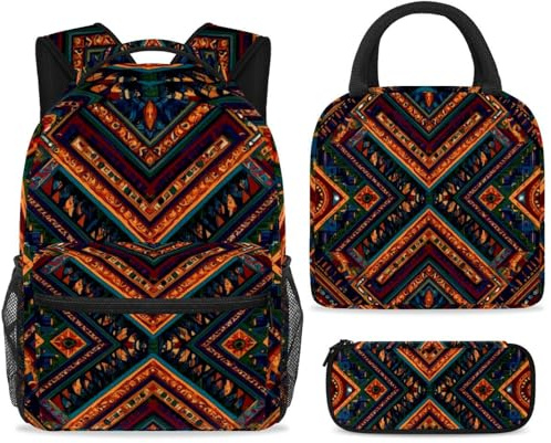 ewndhtse School Backpack Set with Lunch Bag Pencil Case, 3 Pcs School Bookbags Set Travel Rucksack Casual Daypack for Teens Girls Boys Primary Junior Middle - Ethnic Ornaments