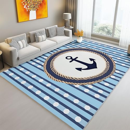 Maritimer Teppich 60x90 cm – Waschbarer Kurzflor Teppichläufer mit Anker-Design, rutschfeste Flurmatte, weiche Fußmatte für Wohnzimmer, Schlafzimmer & Bad, für Saugroboter geeignet, Blau-Weiß