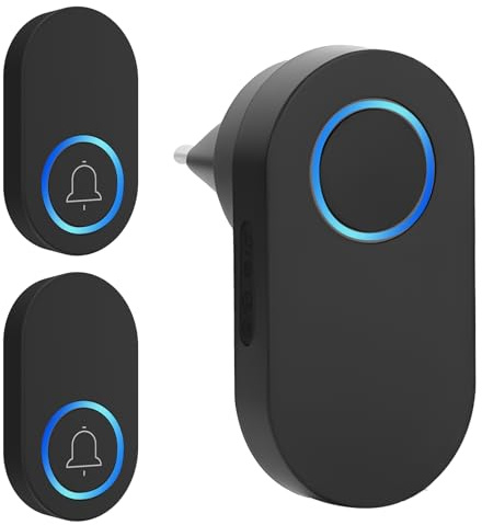 Sonnette sans Fil Exterieur Etanche 300 Mètre, Carillon sans-Fil 1 Récepteur + 2 Émetteurs Ip44 étanche avec Pile 60 Mélodies au 4 Niveaux Volumes Mini Sonnette de Porte pour Maison Bureau Hôtel